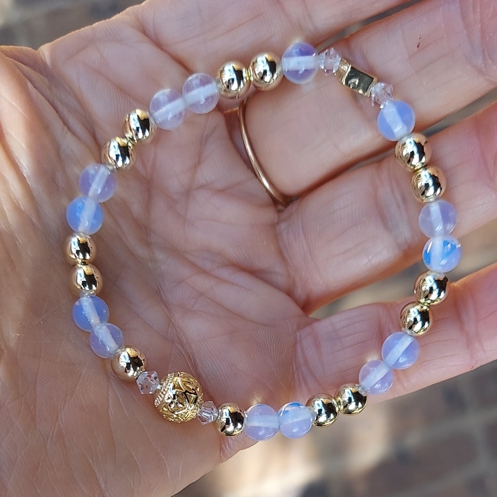 Opalite & Gold Heart Beaded Bracelet, 7.5 Inch